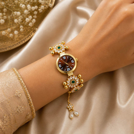 Stylish Green Color Kundan Watch For Girls & Women Daily Wear Ethnic Look Accessory