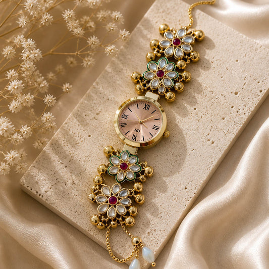 Premium Rani Color Kundan Watch For Girls & Women Modern Traditional Fusion Style