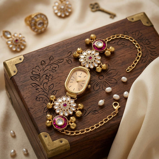 Graceful Rani Color Kundan Watch For Girls & Women Festive Ethnic Jewelry Design
