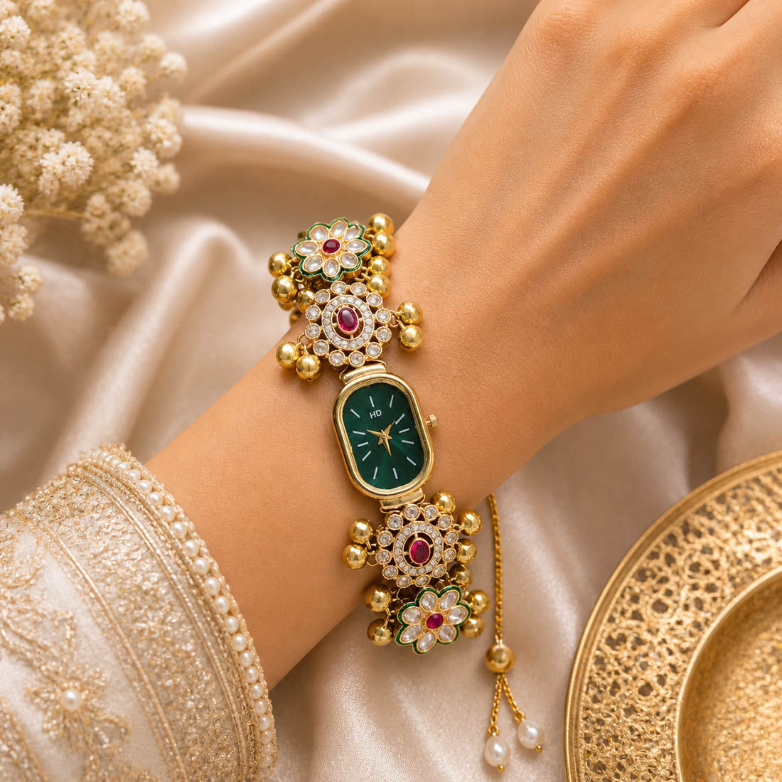 Designer Rani & Grün Farben Kundan Armbanduhr für Mädchen & Frauen Einzigartige Ethno-Mode
