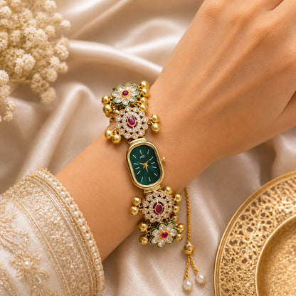 Designer Rani & Grün Farben Kundan Armbanduhr für Mädchen & Frauen Einzigartige Ethno-Mode