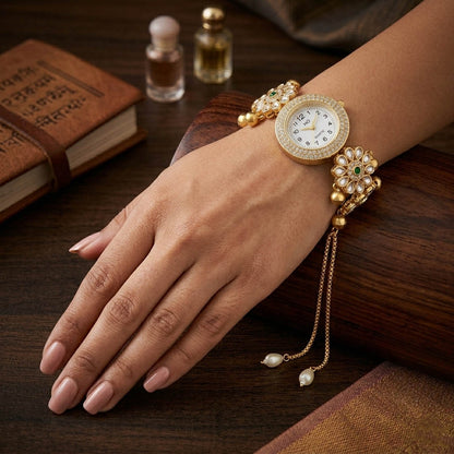 Elegant Green Color Kundan Watch For Girls & Women Traditional Wedding Style Accessory