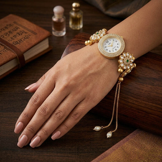 Elegant Green Color Kundan Watch For Girls & Women Traditional Wedding Style Accessory