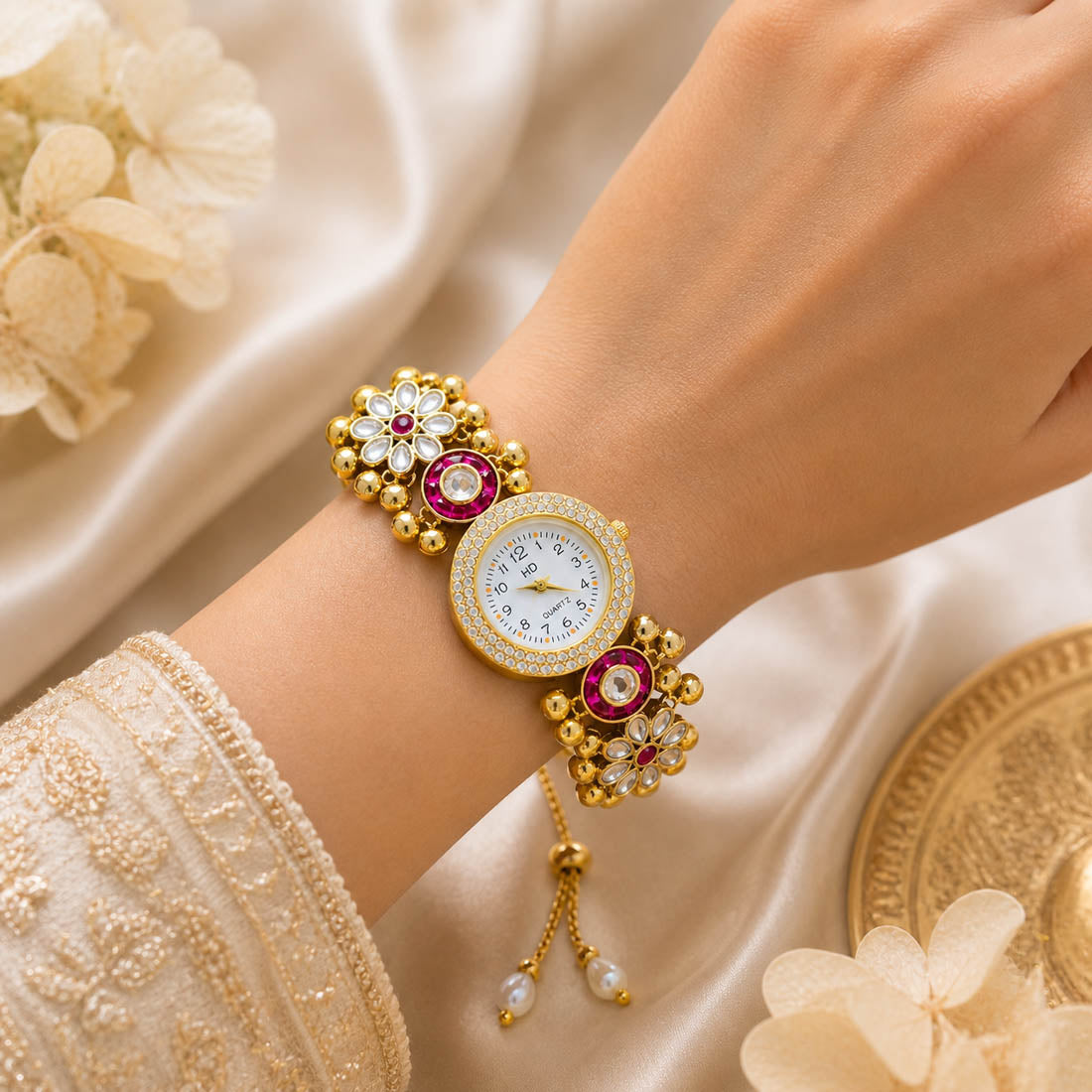 Trendige Rani Color Kundan Armbanduhr für Mädchen & Frauen Elegantes Party-Accessoire