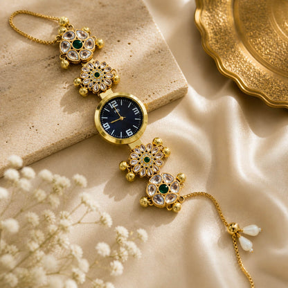 Beautiful Green Color Kundan Watch For Girls & Women Ethnic Festive Jewelry Piece
