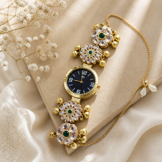 Beautiful Green Color Kundan Watch For Girls & Women Ethnic Festive Jewelry Piece