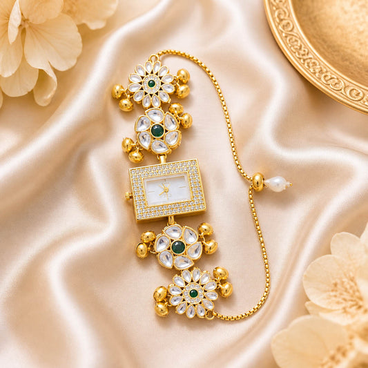 Charming Green Color Kundan Watch For Girls & Women Daily Wear Ethnic Style