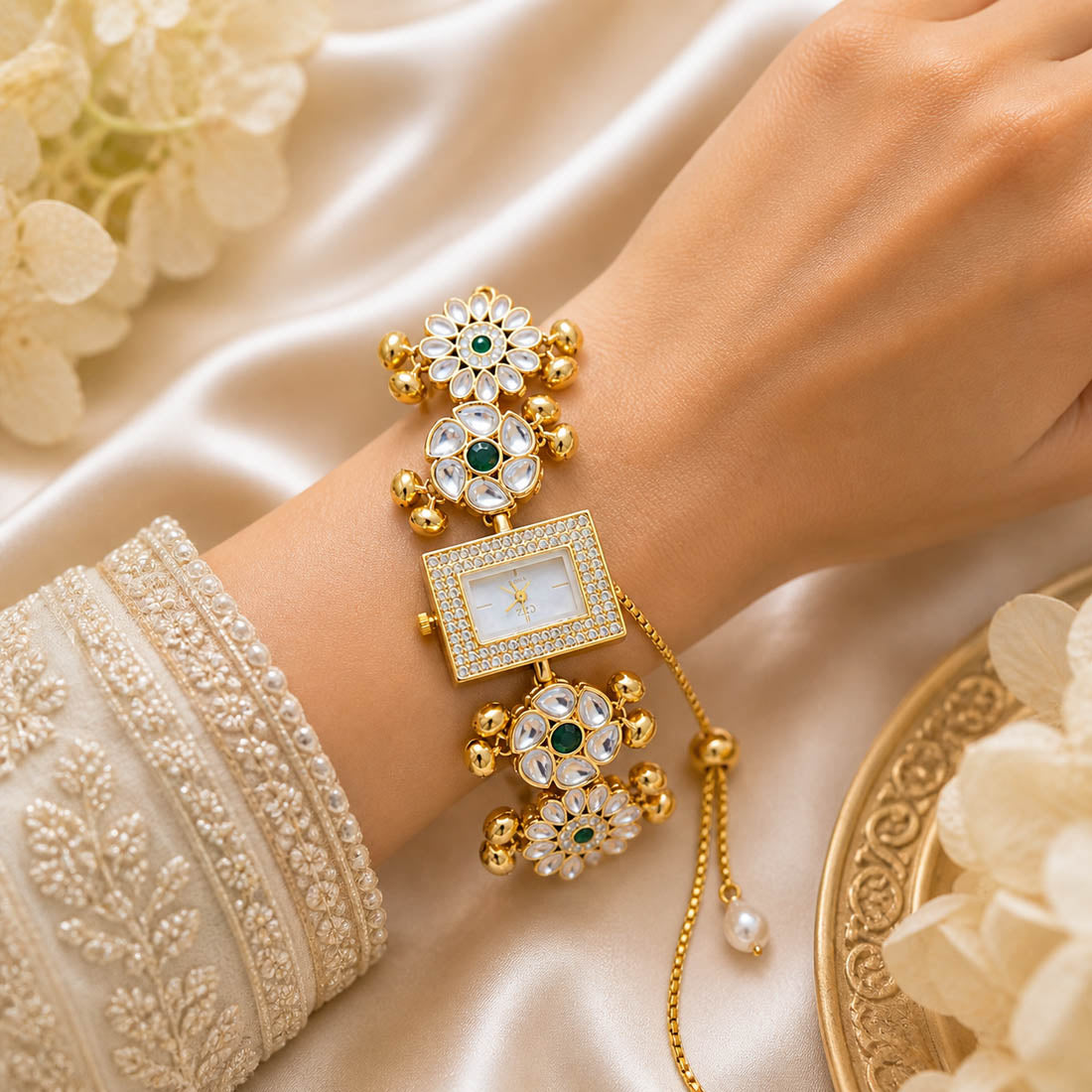Charming Green Color Kundan Watch For Girls & Women Daily Wear Ethnic Style