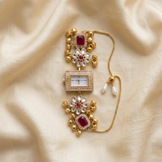 Stylish Rani Color Kundan Watch For Girls & Women Traditional Festive Look Accessory