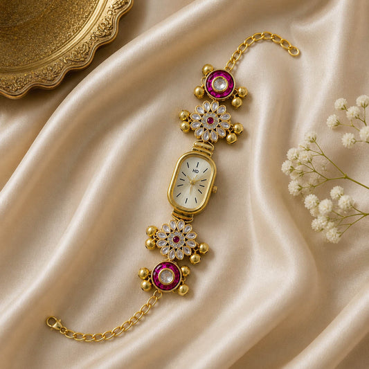 Classic Rani Color Kundan Watch For Girls & Women Elegant Ethnic Party Wear