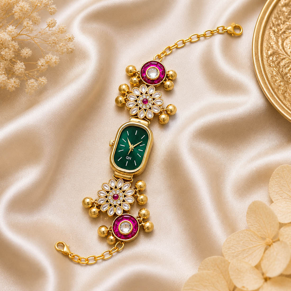 Trendy Rani Color Kundan Watch For Girls & Women Stylish Festive Jewelry Design