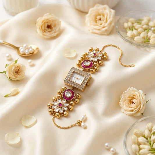 Elegante Rani-farbene Kundan-Uhr für Mädchen & Frauen Traditionelle Partykleidung