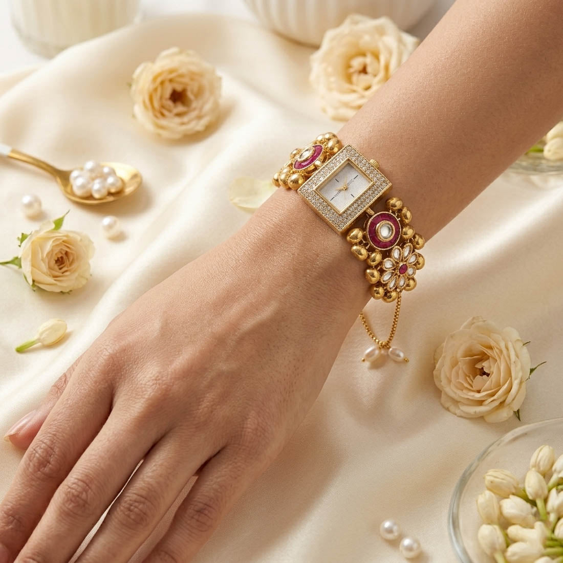 Elegant Rani Color Kundan Watch For Girls & Women Traditional Party Wear