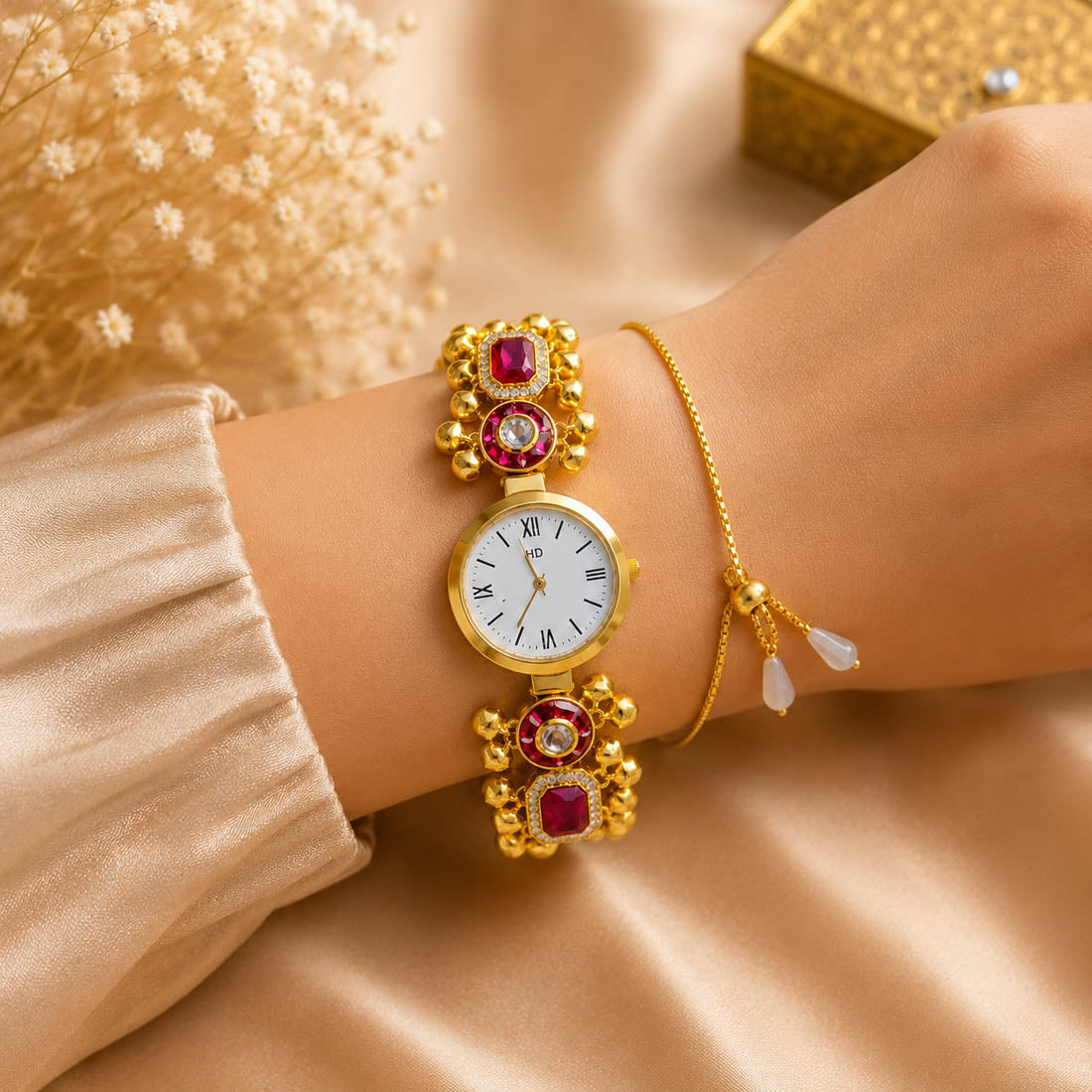 Stylish Rani Color Kundan Watch For Girls & Women Festive Ethnic Collection