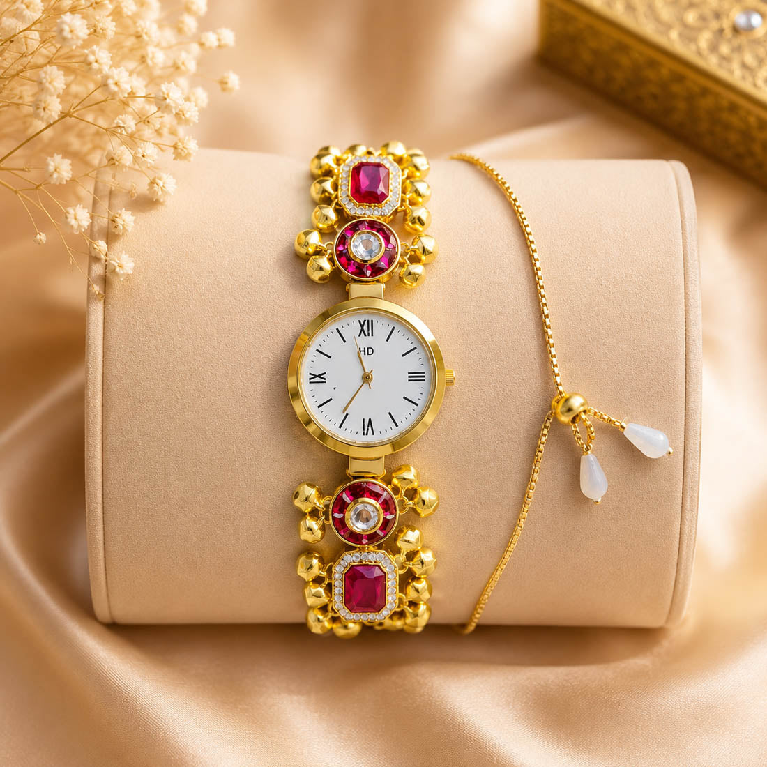 Stylish Rani Color Kundan Watch For Girls & Women Festive Ethnic Collection