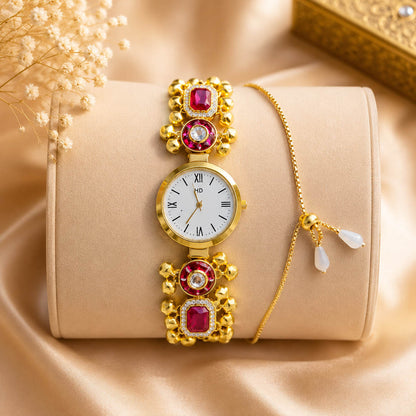 Stylish Rani Color Kundan Watch For Girls & Women Festive Ethnic Collection