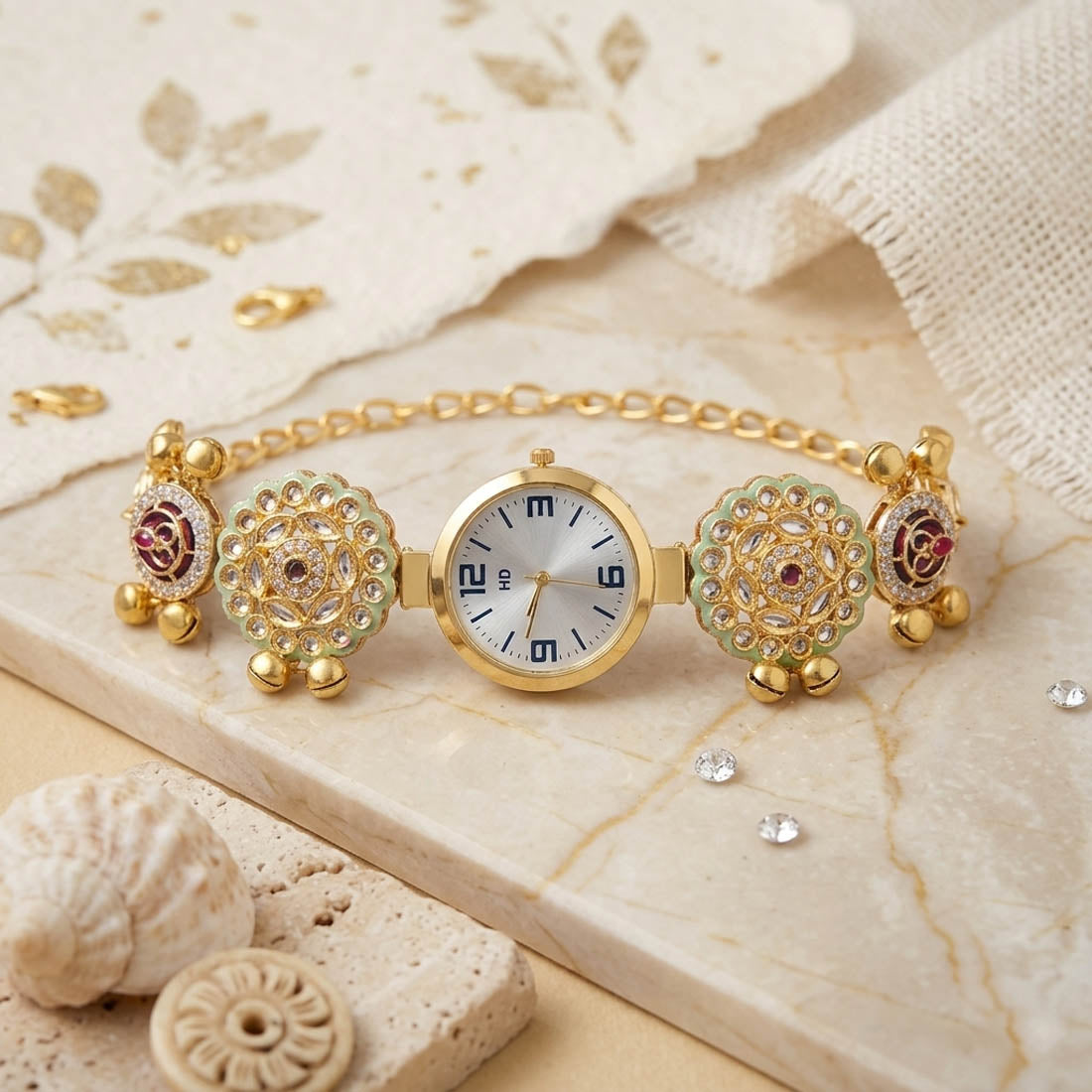 Premium Pista Green & Rani Color Kundan Watch For Girls & Women