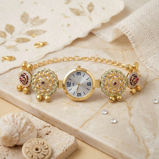 Premium Pista Green & Rani Color Kundan Watch For Girls & Women