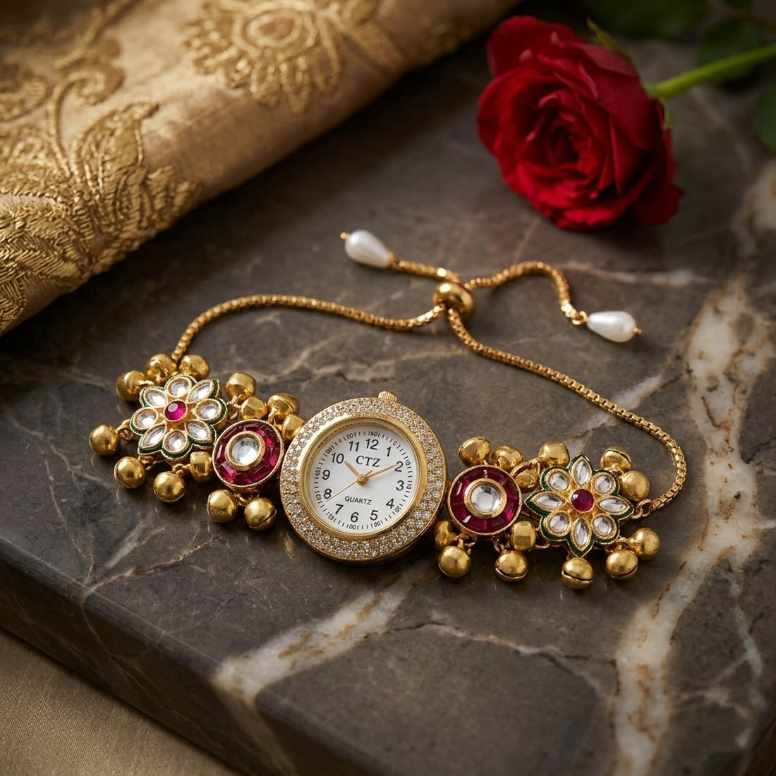 Graceful Rani & Green Color Kundan Watch For Girls & Women Ethnic Fashion