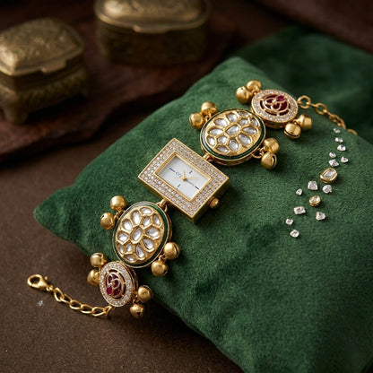 Elegante Kundan-Uhr in Rani- und Grüntönen für Mädchen & Damen, Brautmode