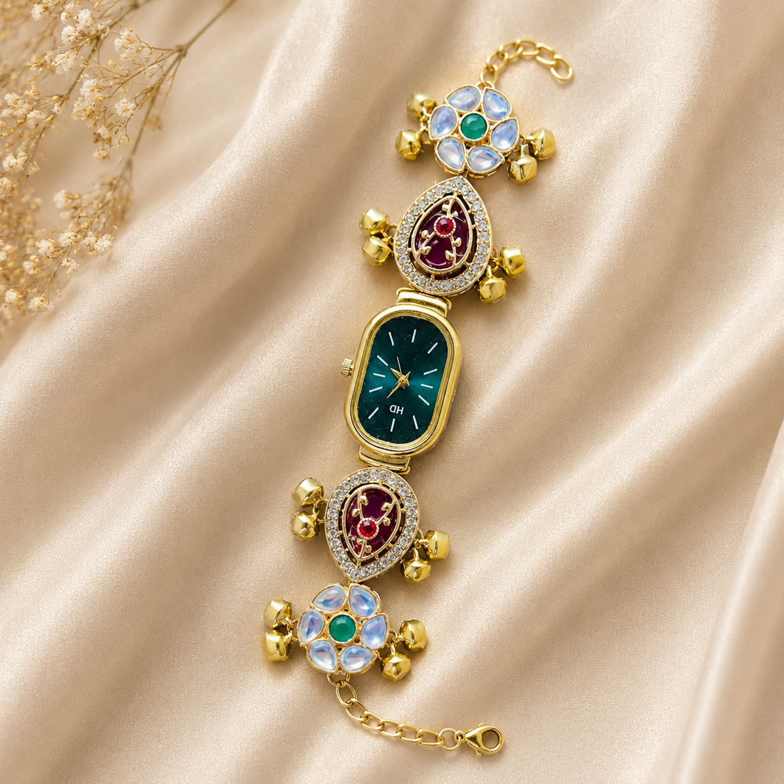 Stylish Rani & Green Color Kundan Watch For Girls & Women Traditional Look