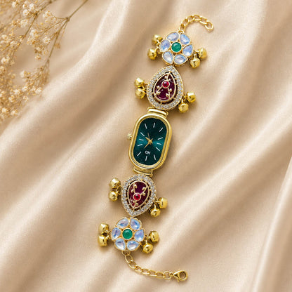 Stylish Rani & Green Color Kundan Watch For Girls & Women Traditional Look