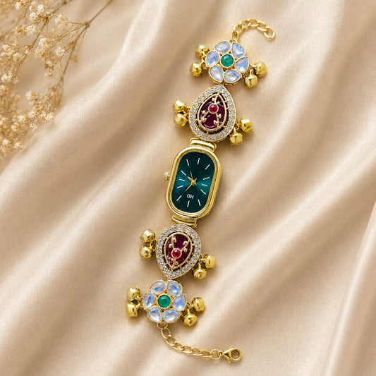 Stylish Rani & Green Color Kundan Watch For Girls & Women Traditional Look