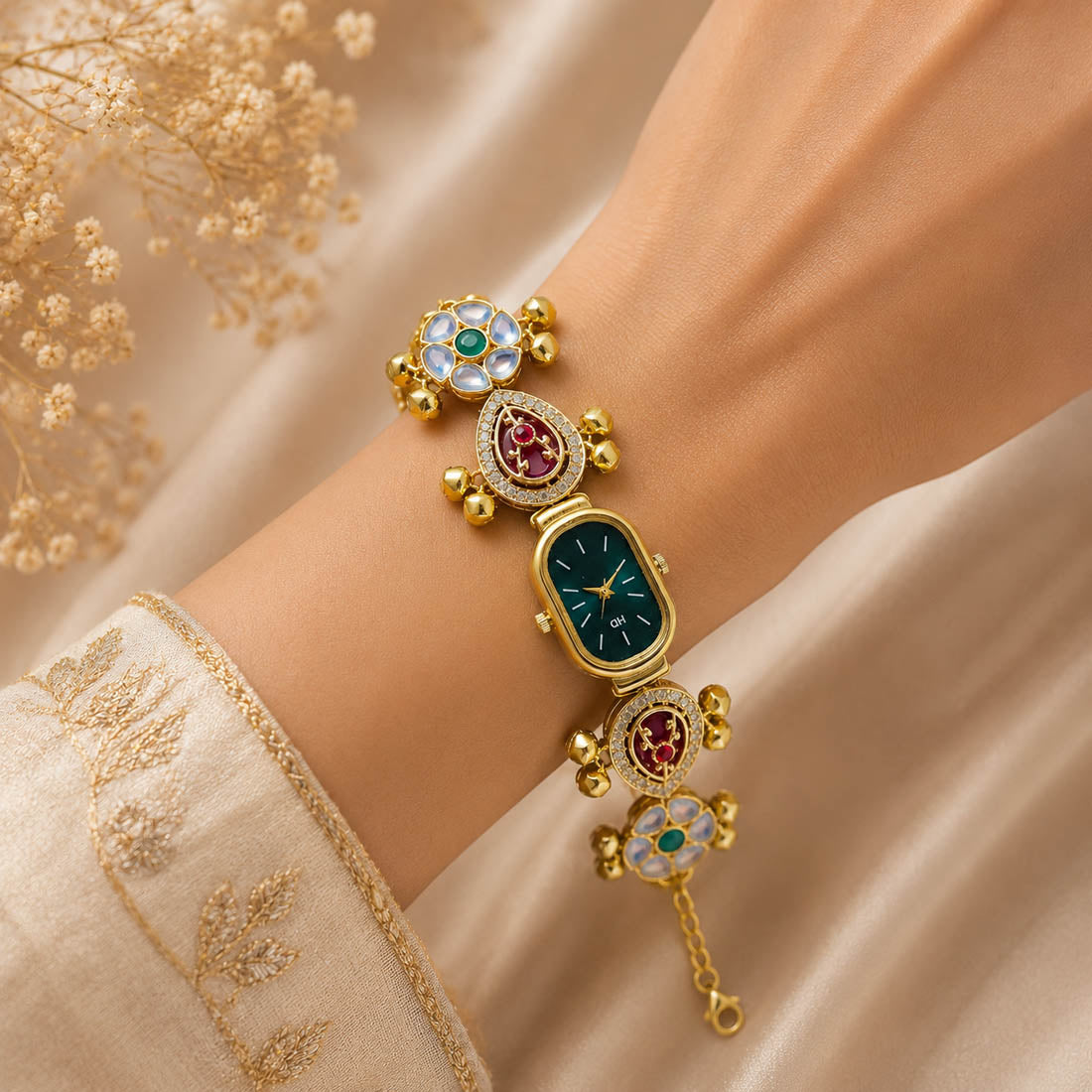 Stylish Rani & Green Color Kundan Watch For Girls & Women Traditional Look