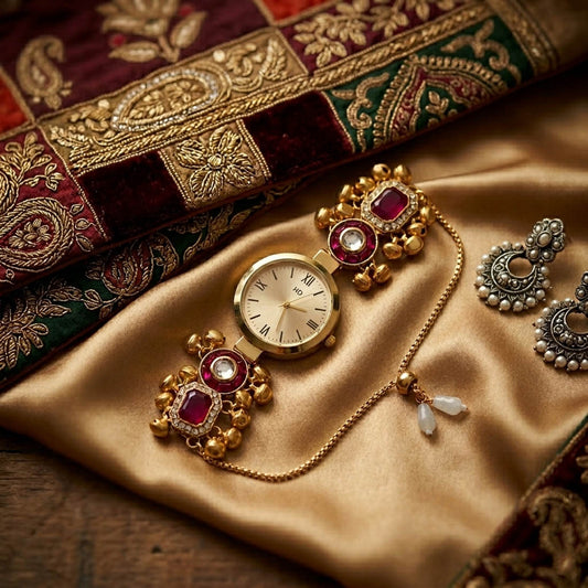 Classic Rani Color Kundan Watch For Girls & Women Elegant Fashion Jewelry