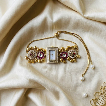 Stylish Rani Color Kundan Watch For Girls & Women Traditional Jewelry Design