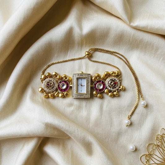 Stylish Rani Color Kundan Watch For Girls & Women Traditional Jewelry Design