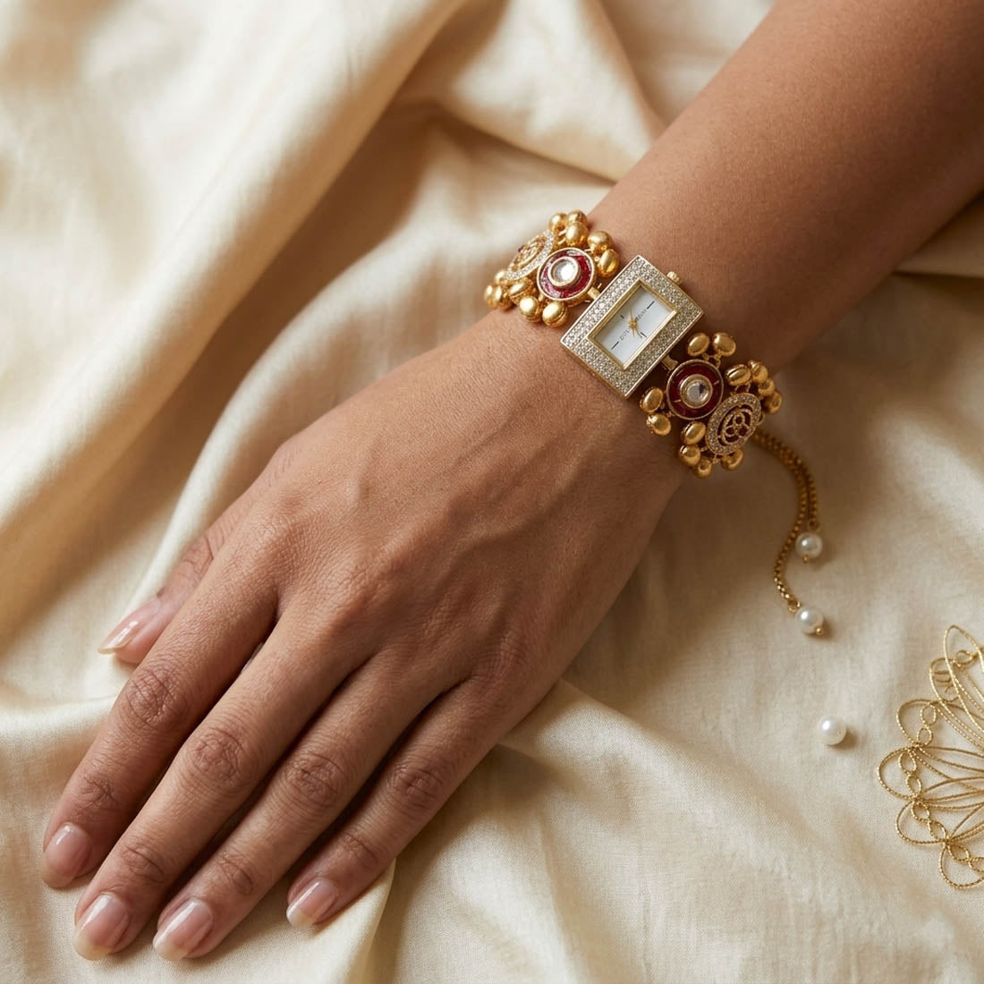 Stylish Rani Color Kundan Watch For Girls & Women Traditional Jewelry Design