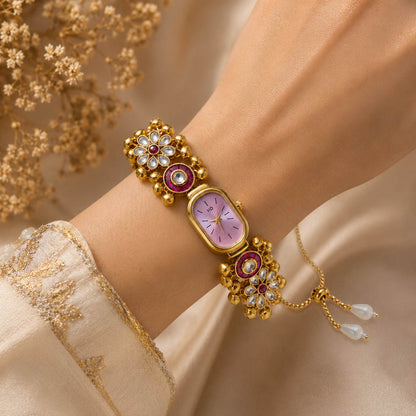Graceful Rani Color Kundan Watch For Girls & Women Traditional Festive Wear