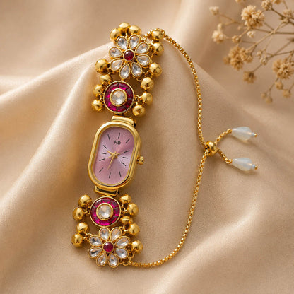 Graceful Rani Color Kundan Watch For Girls & Women Traditional Festive Wear