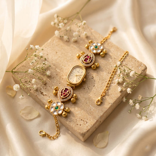 Traditional Rani & Green Color Kundan Watch For Girls & Women Elegant Wear