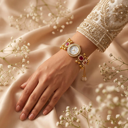 Gorgeous Rani Color Kundan Watch For Girls & Women Festive Jewelry Collection