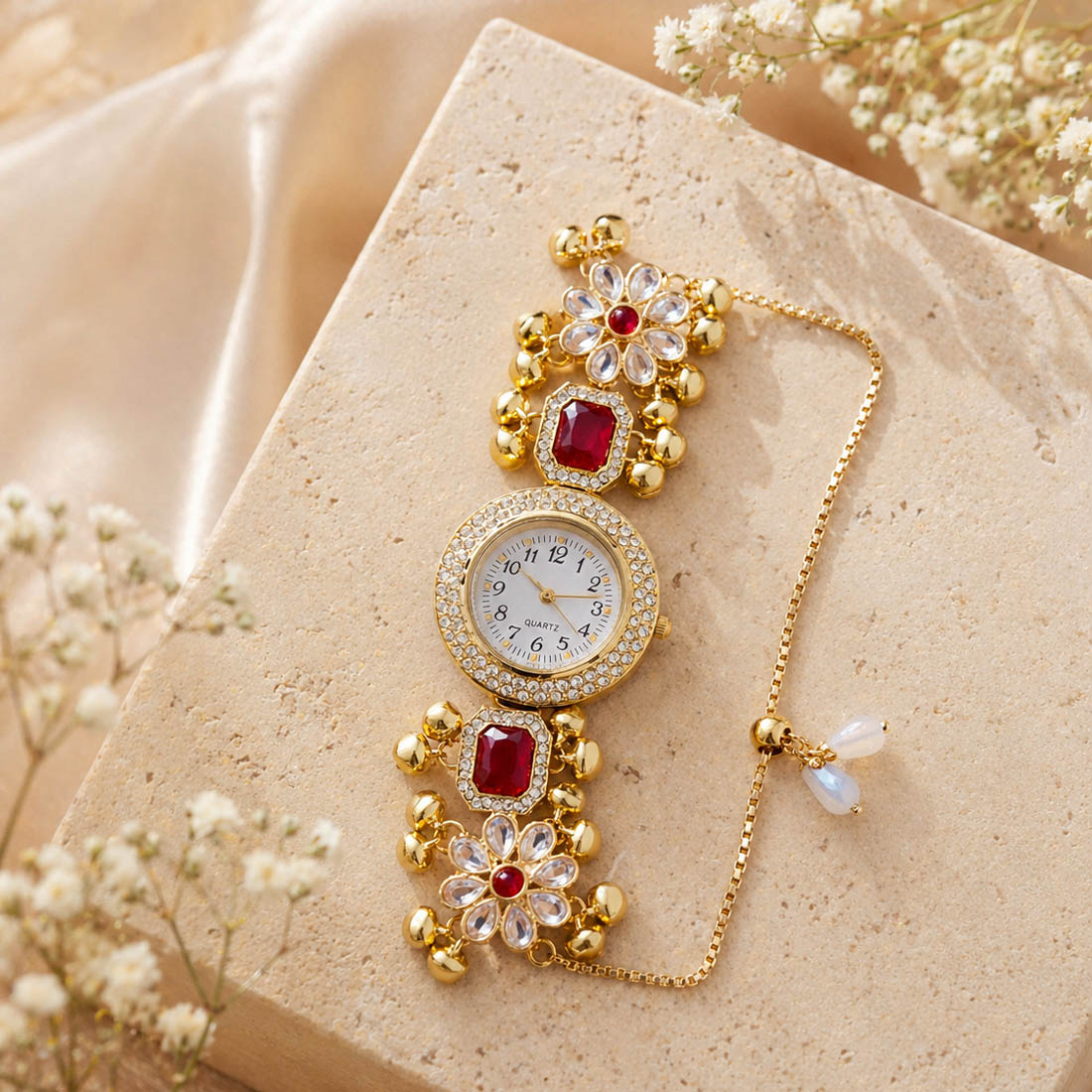 Gorgeous Rani Color Kundan Watch For Girls & Women Festive Jewelry Collection