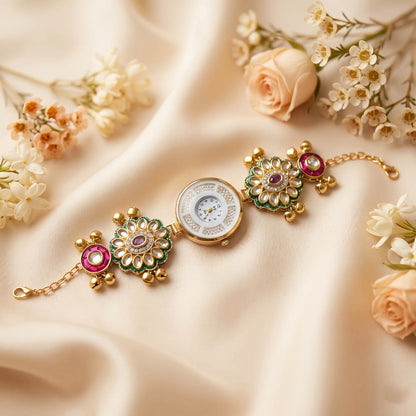 Ausgefallene Rani & Grünfarbene Kundan-Uhr für Mädchen & Frauen Designer-Wear