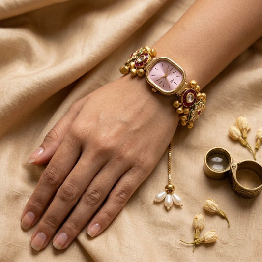 Premium Rani & Green Color Kundan Watch For Girls & Women Ethnic Collection