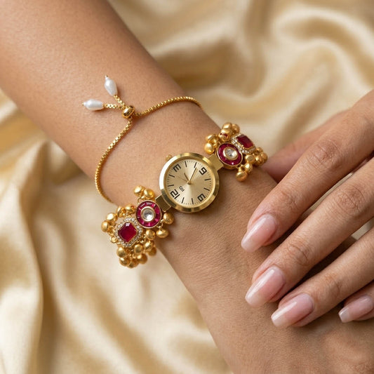 Attractive Rani Color Kundan Watch For Girls & Women Wedding Collection Style