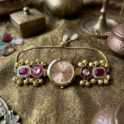 Gorgeous Rani Color Kundan Watch For Girls & Women Ethnic Party Design