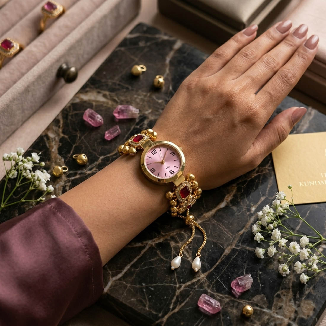 Classic Rani Color Kundan Watch For Girls & Women Elegant Bridal Collection