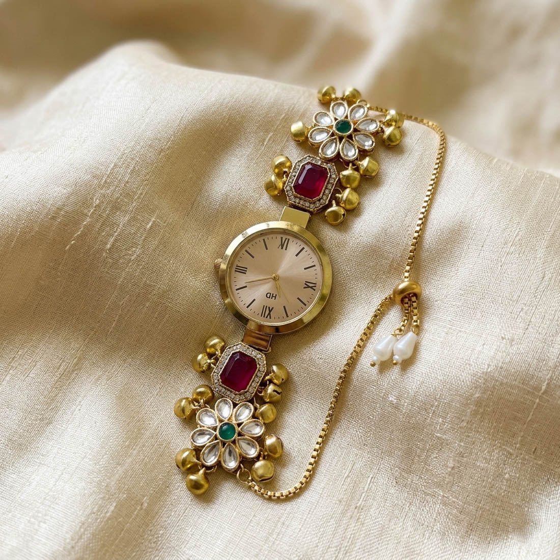 Stylish Rani & Green Color Kundan Watch For Girls & Women Wedding Accessory