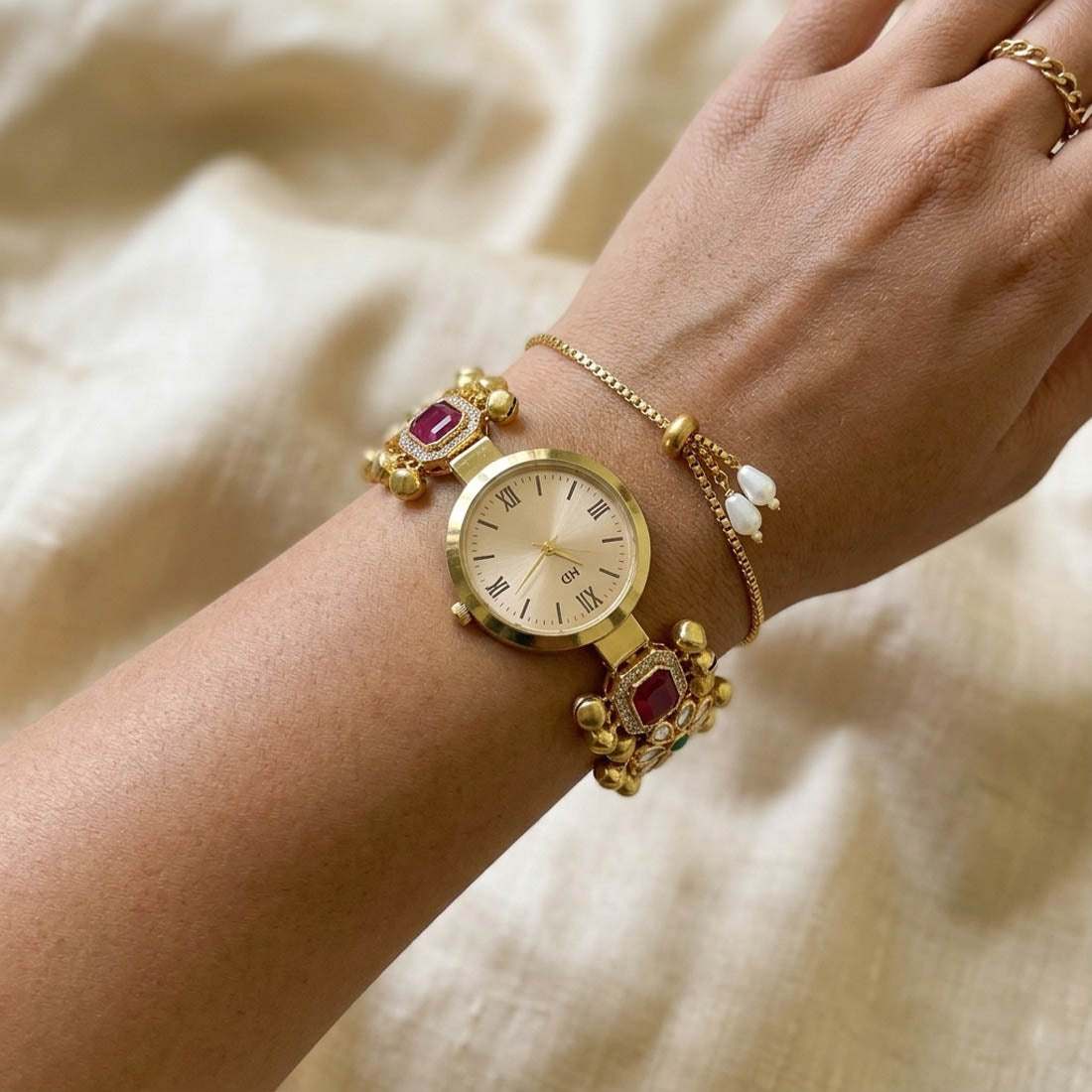 Stylish Rani & Green Color Kundan Watch For Girls & Women Wedding Accessory