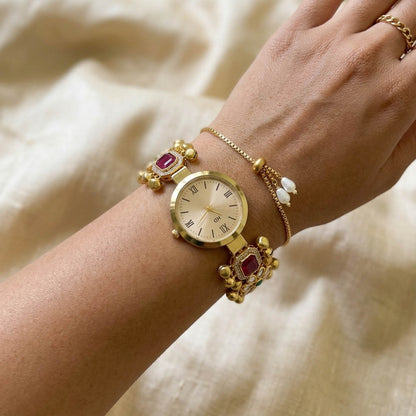 Stylish Rani & Green Color Kundan Watch For Girls & Women Wedding Accessory