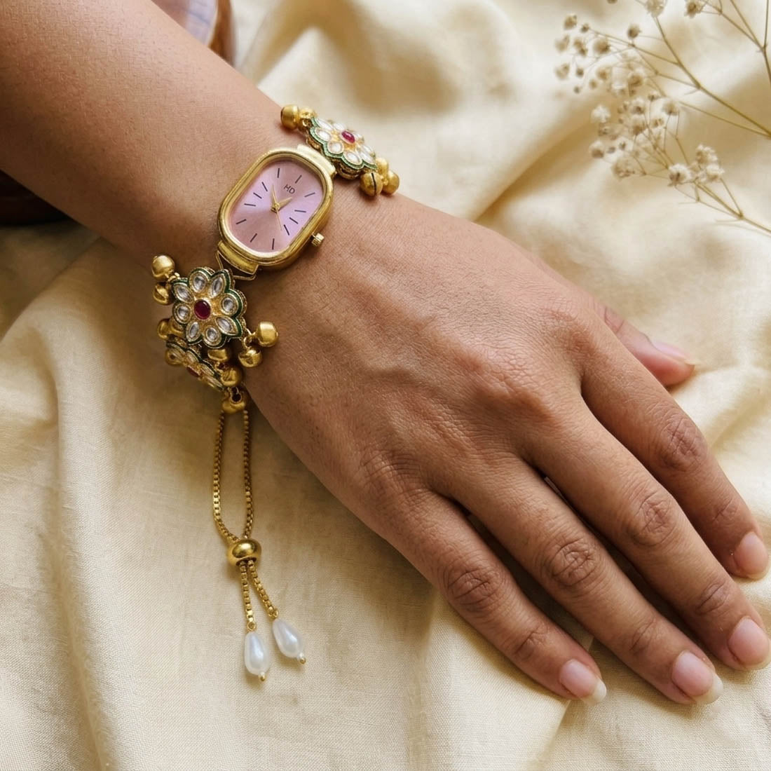 Premium Rani & Green Color Kundan Watch For Girls & Women Traditional Fashion