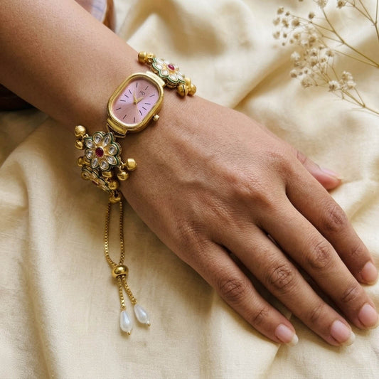 Premium Rani & Green Color Kundan Watch For Girls & Women Traditional Fashion