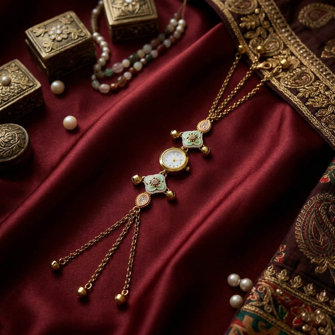 Kundan-Armbanduhr in Royalem Papageiengrün für Mädchen & Frauen im festlichen Partystil