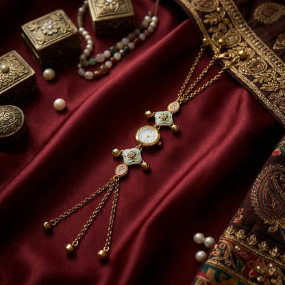 Kundan-Armbanduhr in Royalem Papageiengrün für Mädchen & Frauen im festlichen Partystil