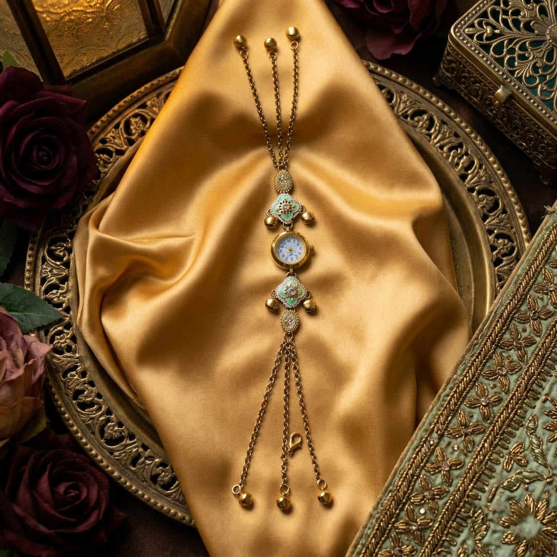 Elegante Kundan-Uhr in Papageiengrün für Mädchen und Frauen Ethnischer Schmuck-Look